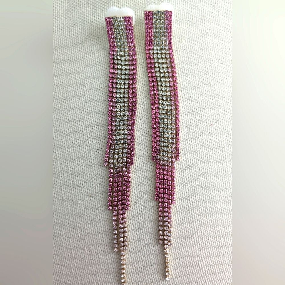 Pink & Green Rhinestone Tassel Earrings – Seven Strand Long Statement Drops 5.75